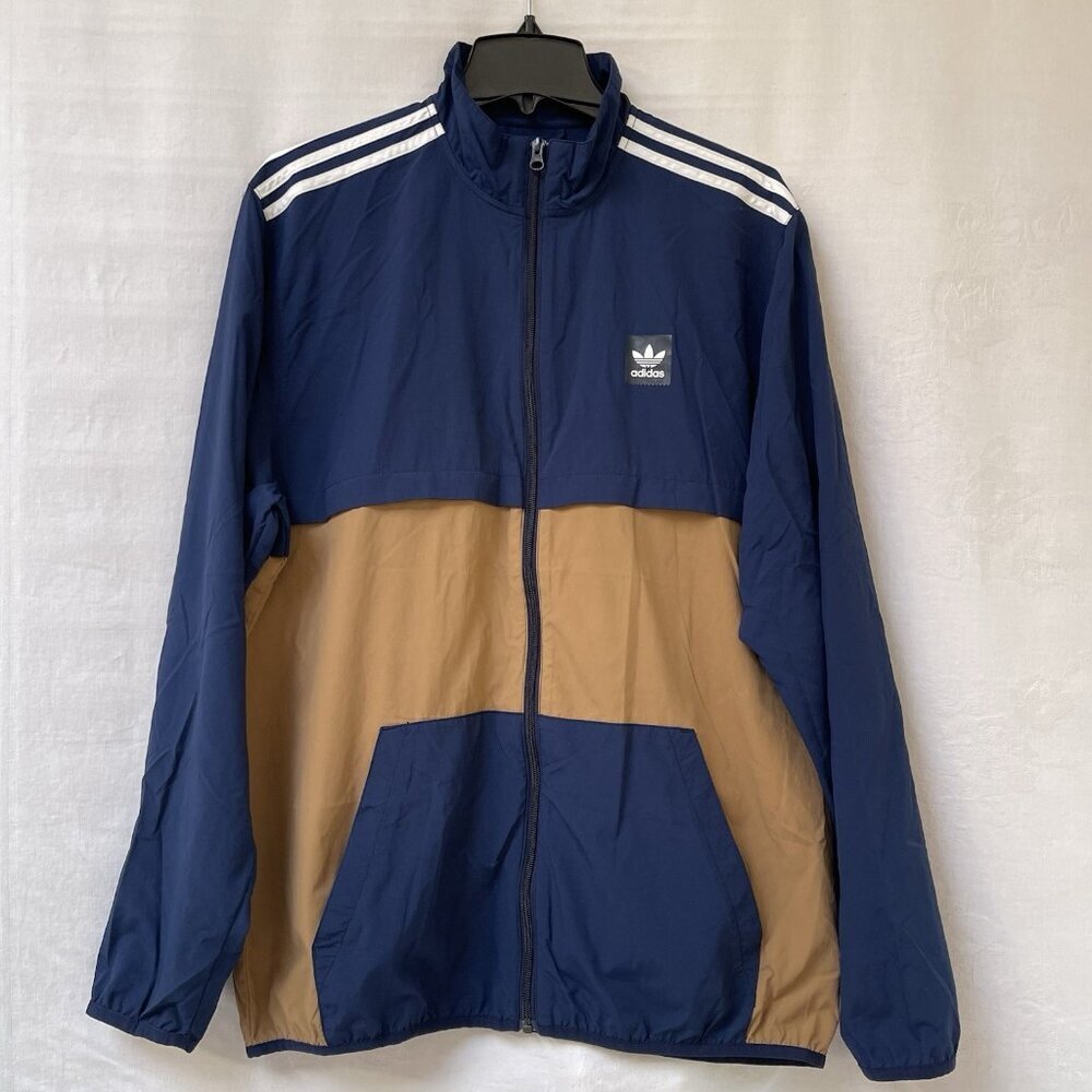 Adidas Mens Large Windbreaker Jacket Pocket Zipper Blue Brown Athletic Active